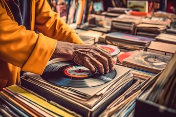 A shot of a person flipping through a collection of vinyl records from the 1960s, showcasing the music and cultural influences of the era. Generative AI