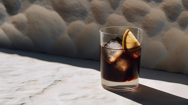 Alcoholic Black Russian Cocktail in modern style served on a elegant white marble table, minimalist background, natural stone, concrete, luxury, AI Generated.