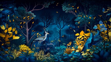 Dark blue mural wallpaper from the contemporary era Christmas tree, mountain, deer, birds, and waves of gold on a dark blue backdrop depicting a jungle or fore. Generative AI