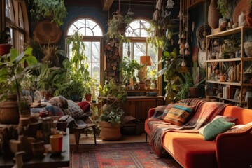 Stylishly decorated living space with vintage furniture, tapestries, and plants, reflecting the bohemian lifestyle of the time. Generative AI