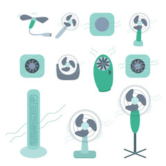 Set of household fans isolated white background. Devices for climate control and air cooling. Vector flat illustration.