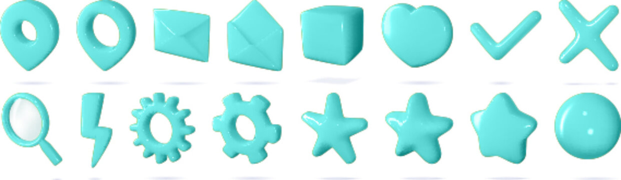 3d icon vector set of isolated sings for buttons in cartoon style. Mint set. Settings, search, flash, map geotag concept. Haert for like, yes and no, review and rating buttons