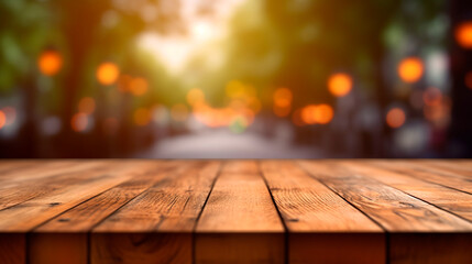 Empty wooden table top with blurred background. Generative AI