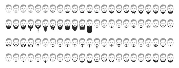 Set of Beard style men face illustration Facial hair. Vector black grey portrait male Fashion template flat barber collection set. Stylish hairstyle isolated outline on white background.