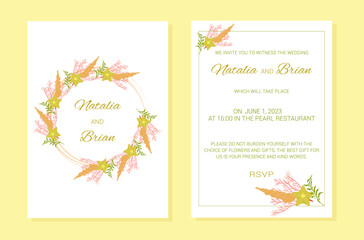 Wedding invitation summer marine theme plants layout. A frame of marine elements with text. Vector illustration.
