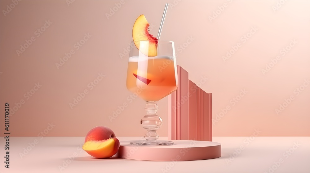 Wall mural alcoholic frozen peach daiquiri cocktail in modern style served on a elegant minimalist pastel pink 