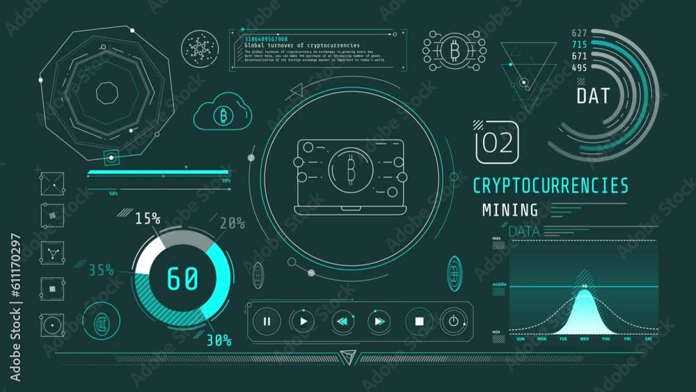 Poster dynamic animation on the theme of cryptocurrency mining.