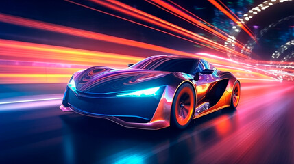 Obraz na płótnie Canvas Futuristic Sports Car On Neon Highway. Powerful acceleration of a supercar with colorful lights trails. Generative AI