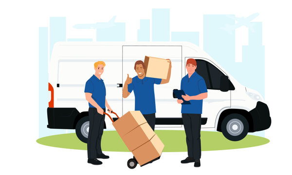 Deliverers carrying cargo. shipping boxes. Cargo van.