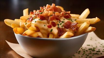Gourmet French Fries, crispy bacon and melted cheddar on top in a bowl. Generative AI.