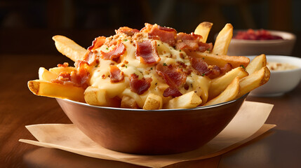 Delicious Gourmet French Fries, crispy bacon and melted cheddar on top. Generative AI.