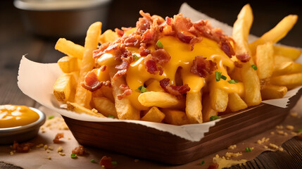 Perfect Crisp French Fries, crispy bacon and melted cheddar on top. Generative AI.