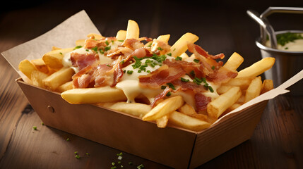 Delicious Crisp French Fries in a papel box, crispy bacon and melted cheddar on top. Generative AI.