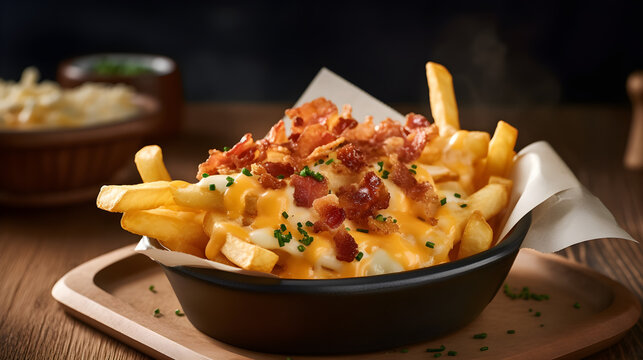 Delicious Crisp French Fries, crispy bacon and melted cheddar on top. Generative AI.