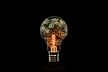 The Power of Ideas: A Lightbulb Illuminates Wealth and Success. Generative AI.