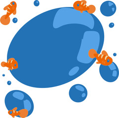 Vector drawing of water bubble. Coloured, colour, round, blue, background, wallpaper, hand drawn, big, small. Ocean, sea, wave, nature, wild, ecology, abstract, elemental, isolated, with orange fish.