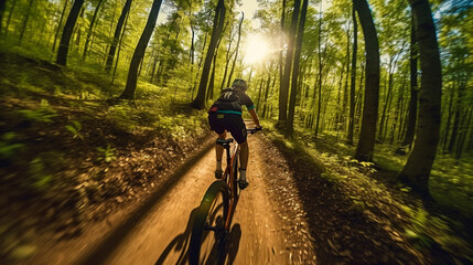 mountain bike rider forest wide angle man riding woods trail seamless wood texture deep shadows young female ascending life mountains outdoors. Generative AI