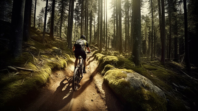 mountain bike rider forest wide angle man riding woods trail seamless wood texture deep shadows young female ascending life mountains outdoors. Generative AI