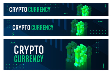 Horizontal bitcoin banner set in lettering style for print and decoration. Vector illustration.