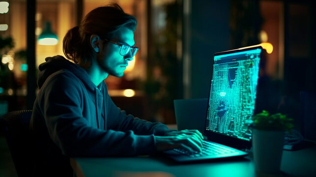 Software development concept. Coding programmer, software engineer working on laptop with javascript computer code on virtual screen, internet of things IoT, digital technology. Generative AI