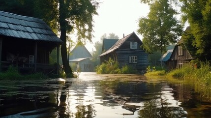 Obraz premium high water in the village.Flooding of houses and villages. Generative AI