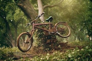 Fototapeta na wymiar a bicycle thrown into a tree by a hurricane wind. natural disaster and life insurance. Generative AI