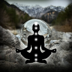 Human silhouette in yoga, lotus pose (human energy body, aura) in front of lensball, crystal ball (austrian alpine creek/landscape, Montafon)