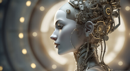 Obraz premium sight of a futuristic cyborg girl, her head adorned with metallic and bress gear, evoking a mesmerizing fantasy image. Generative AI.