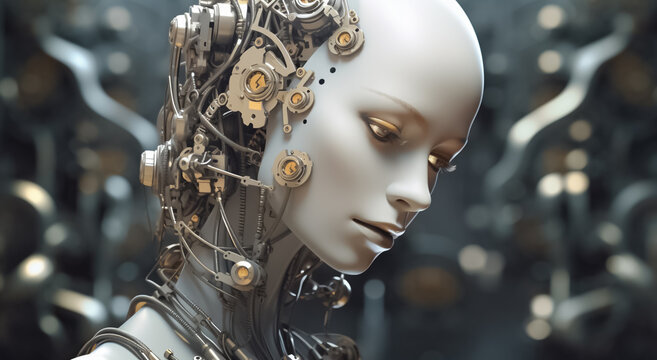sight of a futuristic cyborg girl, her head adorned with metallic and bress gear, evoking a mesmerizing fantasy image. Generative AI.