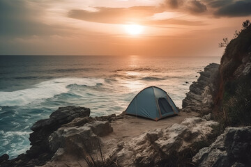 A tent on a cliff at sunset with the sun setting behind it. Generative ai