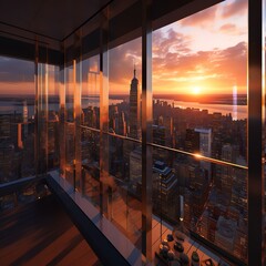View of the big city out a window at sunset. Generative AI.