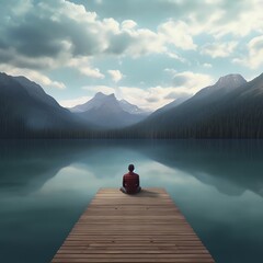Person sitting at the end of a dock looking out at a lake. Generative AI.