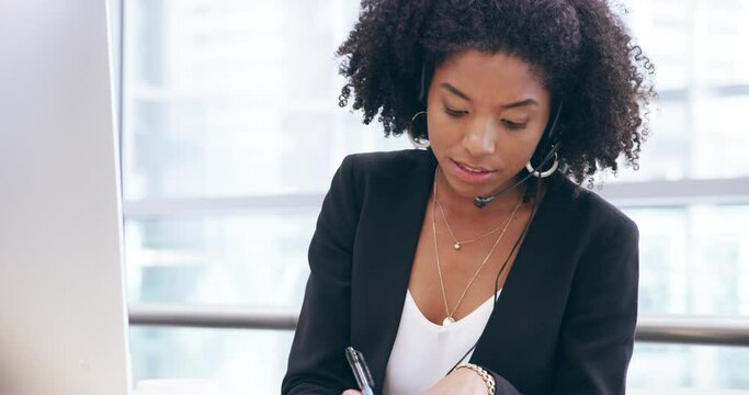 Call center, woman and communication at computer with notes for advice, customer service or telemarketing. African female agent, receptionist and desktop for consulting, telecom support and help desk