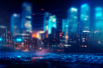 Fototapeta premium graph, statistical diagram neon blue lighting with financial indicators and investment city blurred in background. AI generated