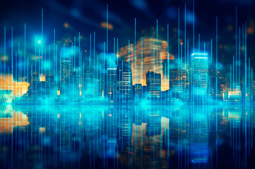 Fototapeta premium graph, statistical diagram neon blue lighting with financial indicators and investment city blurred in background. AI generated