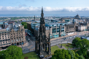 Aerial View of the Scott Monument in the Princess Street Gardens in Edinburgh Scotland