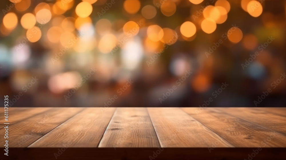 Poster a rustic wooden table with bokeh lights in the background. generative ai