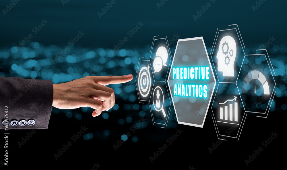 Poster predictive analytics concept, businees person hand pointing predictive analytics icon on virtual scr
