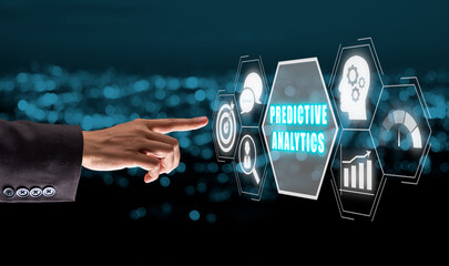 Predictive analytics concept, Businees person hand pointing predictive analytics icon on virtual screen.