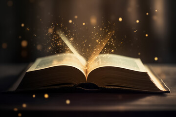 the enchantment of an open book, as sparkling golden dust dances atop its illuminated pages. Generative AI.