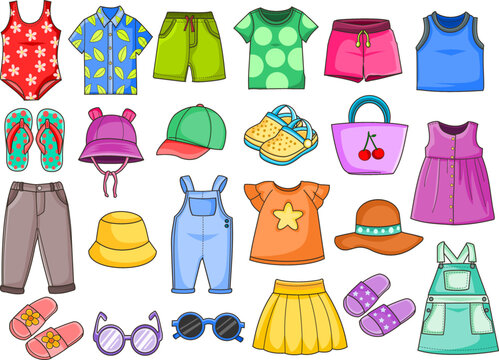 A collection of vibrant and playful illustrations depicting various clothing items suitable for summertime. 