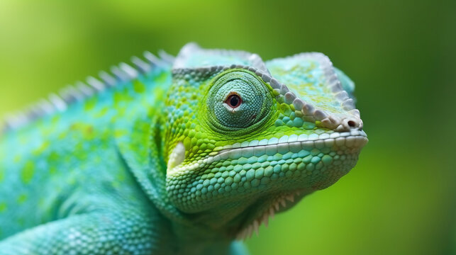 A vibrant green chameleon perched on a tree branch in a natural habitat. Generative ai