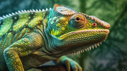 Obraz premium A vibrant green and yellow chameleon up close. Generative ai