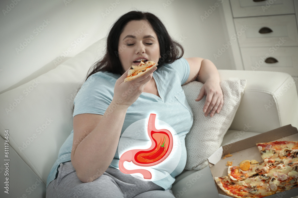 Canvas Prints Improper nutrition can lead to heartburn or other gastrointestinal problems. Woman eating pizza at home. Illustration of stomach with hot chili pepper as acid indigestion