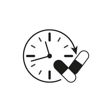 time taking dose medication icon, hour pills treatment, ingestion tablets reminder. Vector illustration. Stock image.