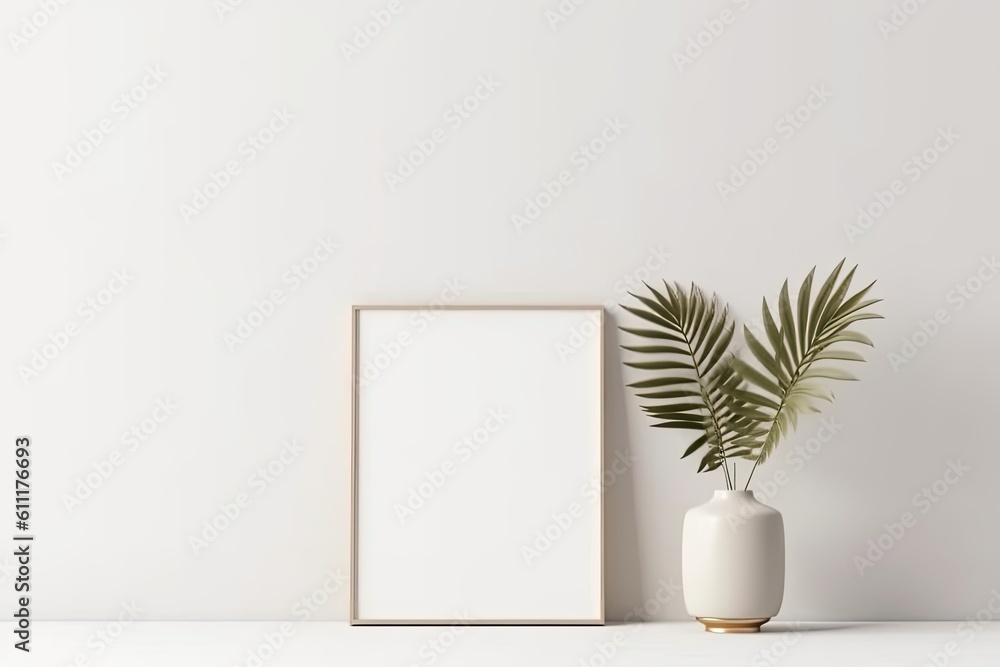 Aufkleber mockup a tabletop with an empty white canvas frame. generative ai