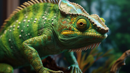 Obraz premium A close up of a chameleon with green and yellow scales. Generative ai