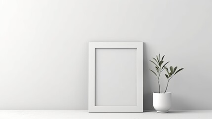An interior mockup shows a white rectangular frame leaning against a white floor. Model of a framed image for a wall Generative AI