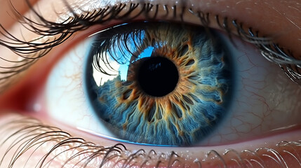 A detailed close-up of a blue human eye. Generative ai