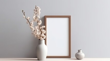 Fototapeta na wymiar Photo frame on the table with a blank sheet inside. Vase with a cotton flower, white background, abstract geometric shape. Mock up in a current manner. A vertical design template for Generative AI